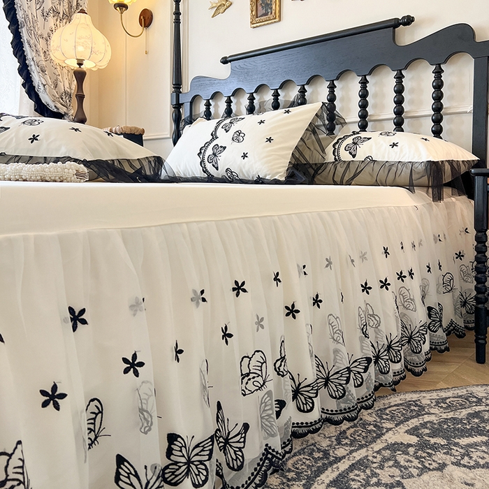 91家纺网 家纺一手货源 找家纺 网红馆（ck家纺） 2025新款全棉纯棉蕾丝边床裙款四件套-梦蝶轻舞 梦蝶轻舞-米