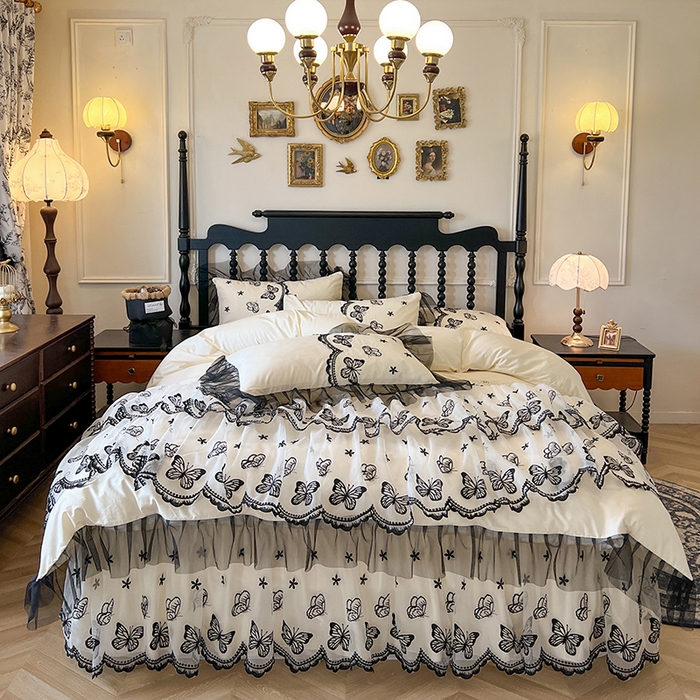 91家纺网 家纺一手货源 找家纺 网红馆（ck家纺） 2025新款全棉纯棉蕾丝边床裙款四件套-梦蝶轻舞 梦蝶轻舞-米