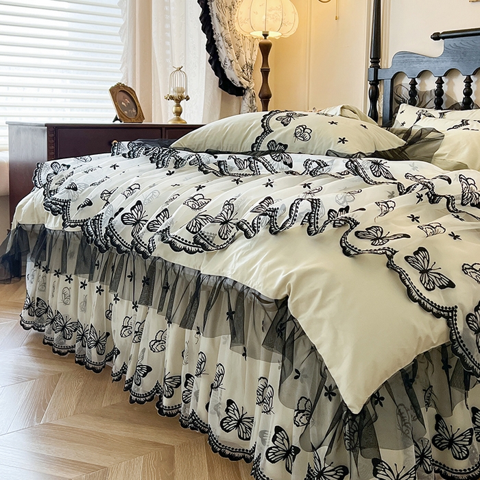 91家纺网 家纺一手货源 找家纺 网红馆（ck家纺） 2025新款全棉纯棉蕾丝边床裙款四件套-梦蝶轻舞 梦蝶轻舞-绿