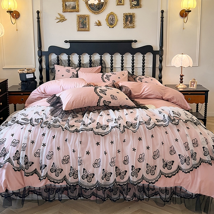 91家纺网 家纺一手货源 找家纺 （总）网红馆（ck家纺） 2025新款全棉纯棉蕾丝边床裙款四件套-梦蝶轻舞