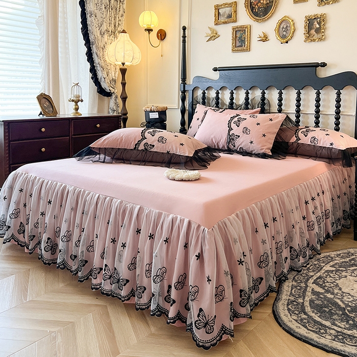 91家纺网 家纺一手货源 找家纺 网红馆（ck家纺） 2025新款全棉纯棉蕾丝边床裙款四件套-梦蝶轻舞 梦蝶轻舞-豆沙