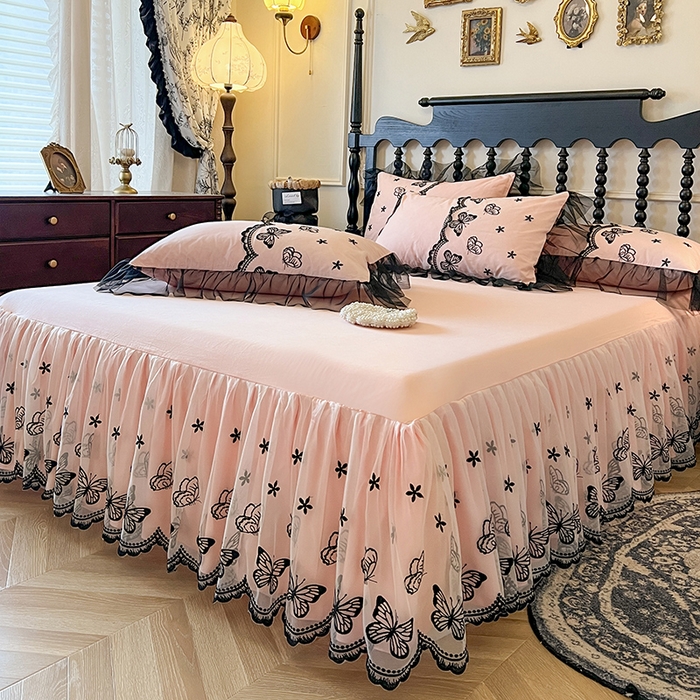 网红馆（ck家纺） 2025新款全棉纯棉蕾丝边床裙款四件套-梦蝶轻舞 梦蝶轻舞-粉