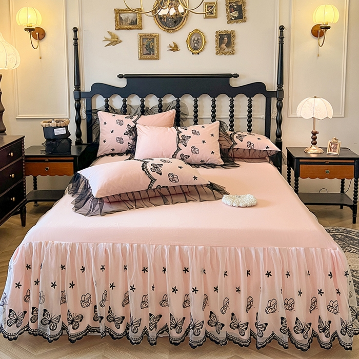 91家纺网 家纺一手货源 找家纺 （总）网红馆（ck家纺） 2025新款全棉纯棉蕾丝边单床裙 床裙单件-梦蝶轻舞