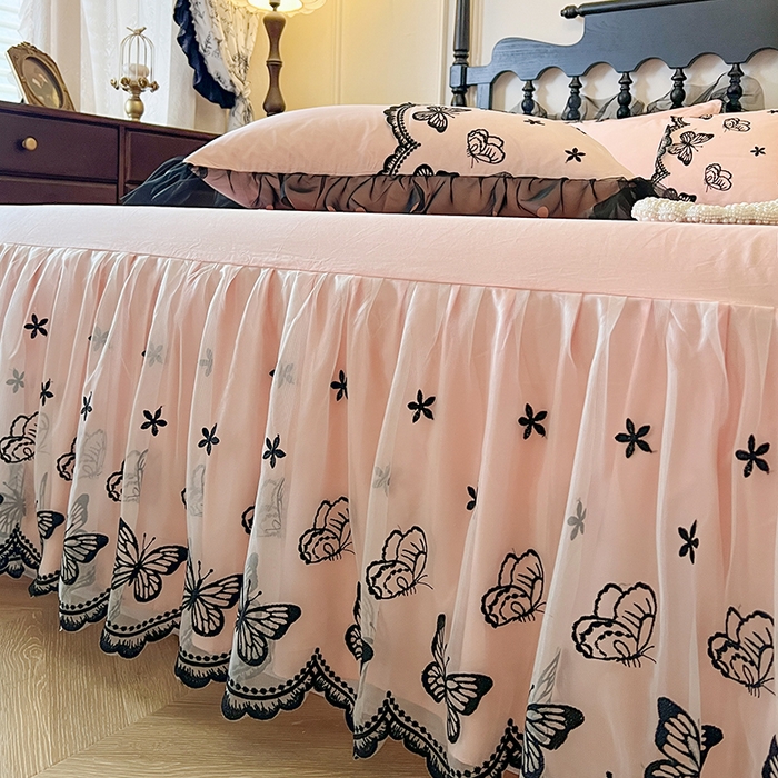 91家纺网 家纺一手货源 找家纺 网红馆（ck家纺） 2025新款全棉纯棉蕾丝边单床裙 床裙单件-梦蝶轻舞 梦蝶轻舞-粉