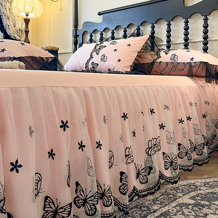 91家纺网 家纺一手货源 找家纺 网红馆（ck家纺） 2025新款全棉纯棉蕾丝边单床裙 床裙单件-梦蝶轻舞 梦蝶轻舞-粉