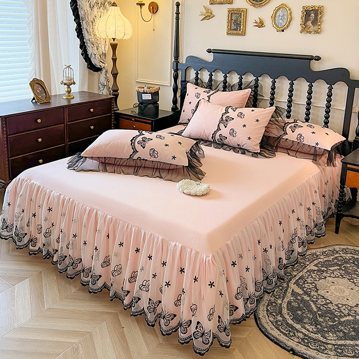 91家纺网 家纺一手货源 找家纺 网红馆（ck家纺） 2025新款全棉纯棉蕾丝边单床裙 床裙单件-梦蝶轻舞 梦蝶轻舞-粉