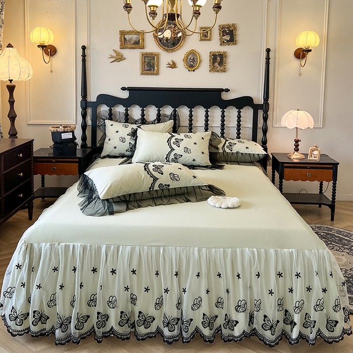 91家纺网 家纺一手货源 找家纺 （总）网红馆（ck家纺） 2025新款全棉纯棉蕾丝边单床裙 床裙单件-梦蝶轻舞