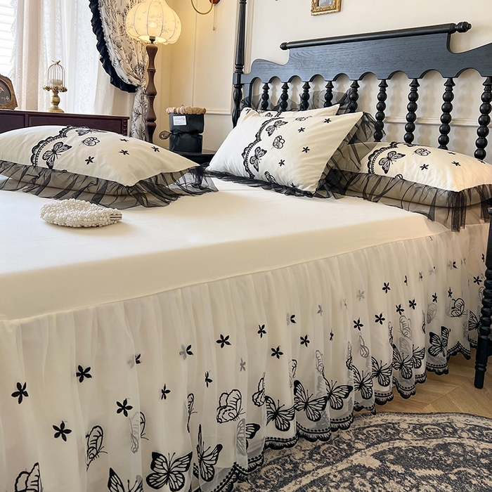 91家纺网 家纺一手货源 找家纺 网红馆（ck家纺） 2025新款全棉纯棉蕾丝边单床裙 床裙单件-梦蝶轻舞 梦蝶轻舞-米