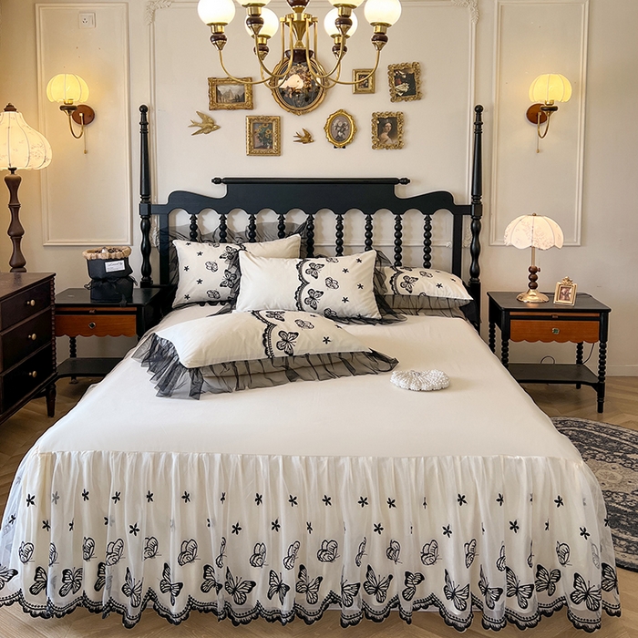 网红馆（ck家纺） 2025新款全棉纯棉蕾丝边单床裙 床裙单件-梦蝶轻舞 梦蝶轻舞-米