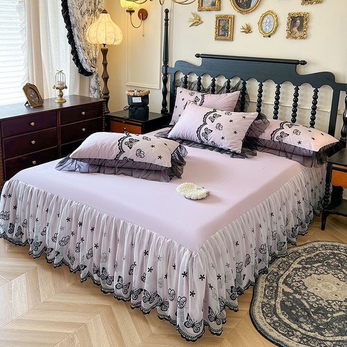 91家纺网 家纺一手货源 找家纺 网红馆（ck家纺） 2025新款全棉纯棉蕾丝边单床裙 床裙单件-梦蝶轻舞 梦蝶轻舞-紫