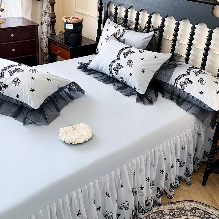 91家纺网 家纺一手货源 找家纺 网红馆（ck家纺） 2025新款全棉纯棉蕾丝边单床裙 床裙单件-梦蝶轻舞 梦蝶轻舞-蓝