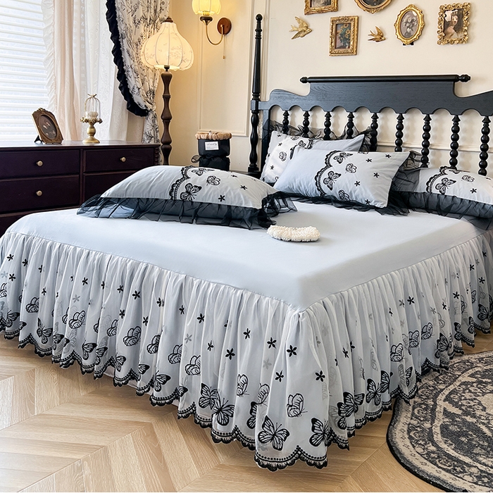 91家纺网 家纺一手货源 找家纺 网红馆（ck家纺） 2025新款全棉纯棉蕾丝边单床裙 床裙单件-梦蝶轻舞 梦蝶轻舞-蓝