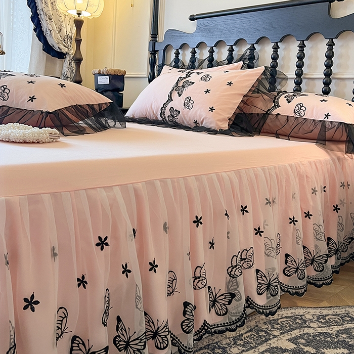 91家纺网 家纺一手货源 找家纺 网红馆（ck家纺） 2025新款全棉纯棉蕾丝边单床裙 床裙单件-梦蝶轻舞 梦蝶轻舞-粉