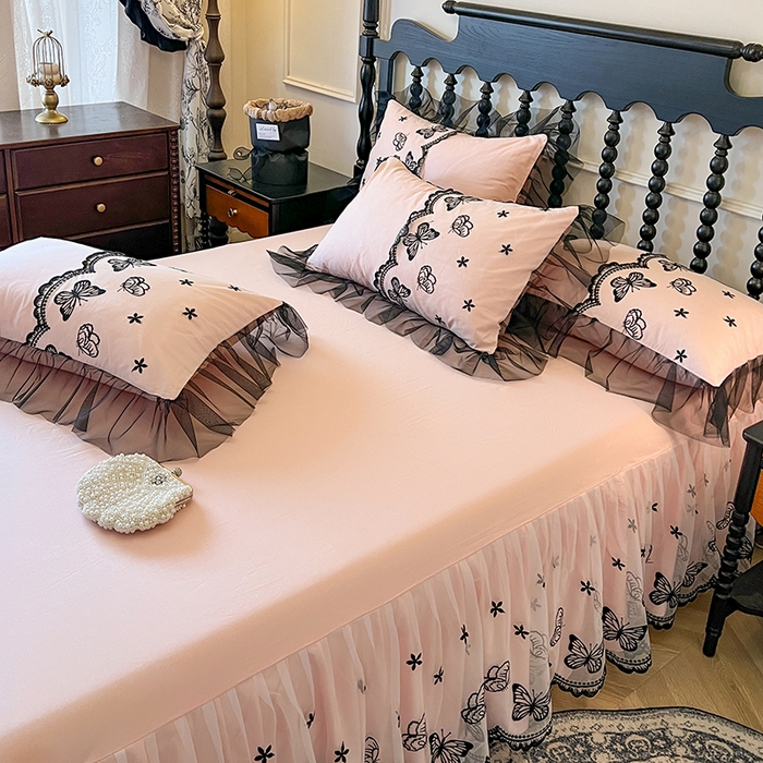 91家纺网 家纺一手货源 找家纺 网红馆（ck家纺） 2025新款全棉纯棉蕾丝边单床裙 床裙单件-梦蝶轻舞 梦蝶轻舞-粉