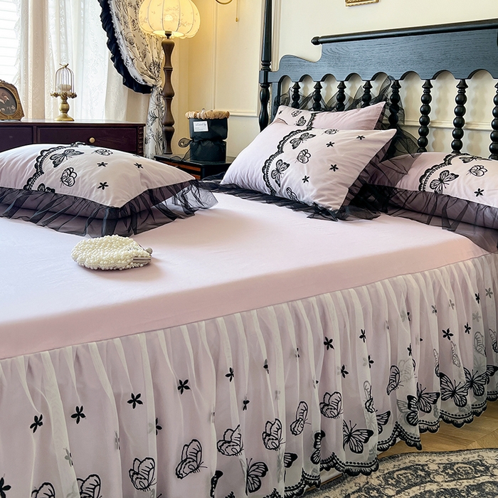 91家纺网 家纺一手货源 找家纺 网红馆（ck家纺） 2025新款全棉纯棉蕾丝边单床裙 床裙单件-梦蝶轻舞 梦蝶轻舞-紫