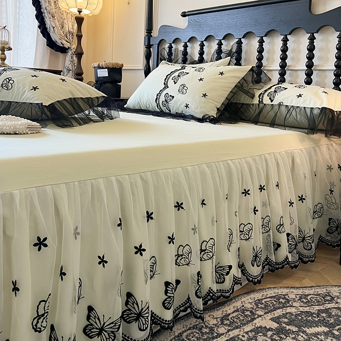 91家纺网 家纺一手货源 找家纺 网红馆（ck家纺） 2025新款全棉纯棉蕾丝边单床裙 床裙单件-梦蝶轻舞 梦蝶轻舞-绿