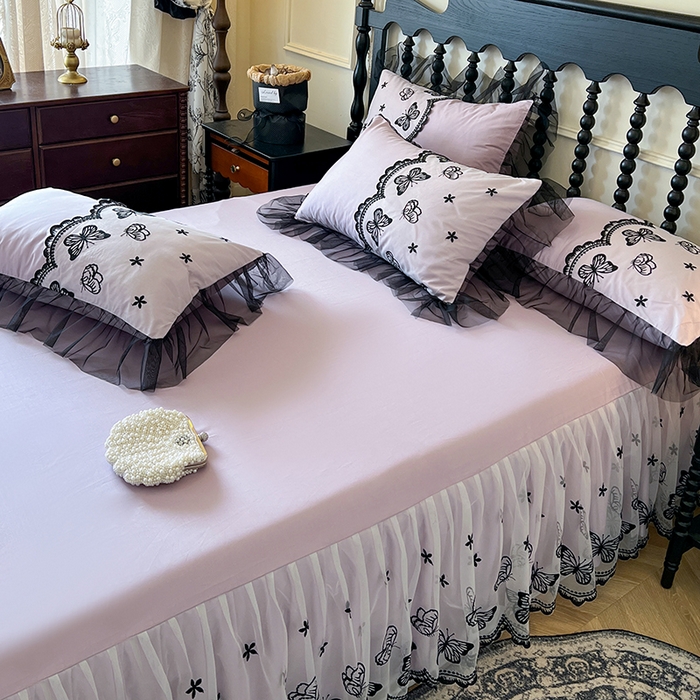 91家纺网 家纺一手货源 找家纺 网红馆（ck家纺） 2025新款全棉纯棉蕾丝边单床裙 床裙单件-梦蝶轻舞 梦蝶轻舞-紫