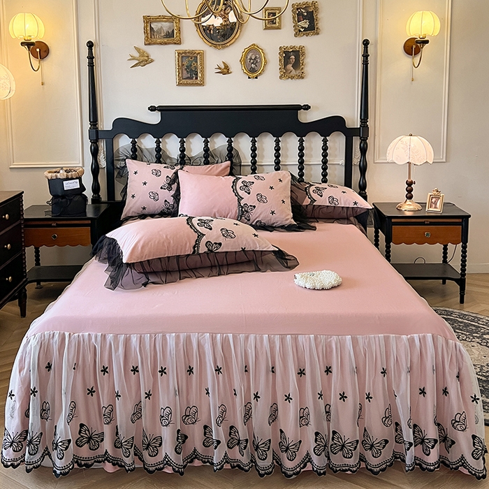 91家纺网 家纺一手货源 找家纺 （总）网红馆（ck家纺） 2025新款全棉纯棉蕾丝边单床裙 床裙单件-梦蝶轻舞