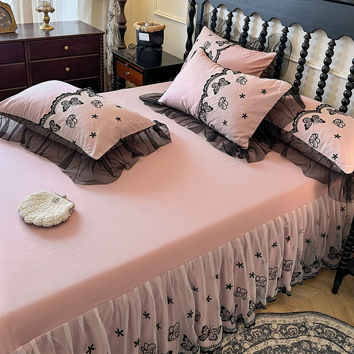 91家纺网 家纺一手货源 找家纺 网红馆（ck家纺） 2025新款全棉纯棉蕾丝边单床裙 床裙单件-梦蝶轻舞 梦蝶轻舞-豆沙