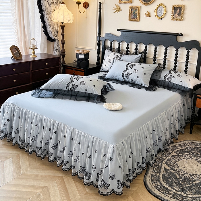 91家纺网 家纺一手货源 找家纺 网红馆（ck家纺） 2025新款全棉纯棉蕾丝边单床裙 床裙单件-梦蝶轻舞 梦蝶轻舞-蓝