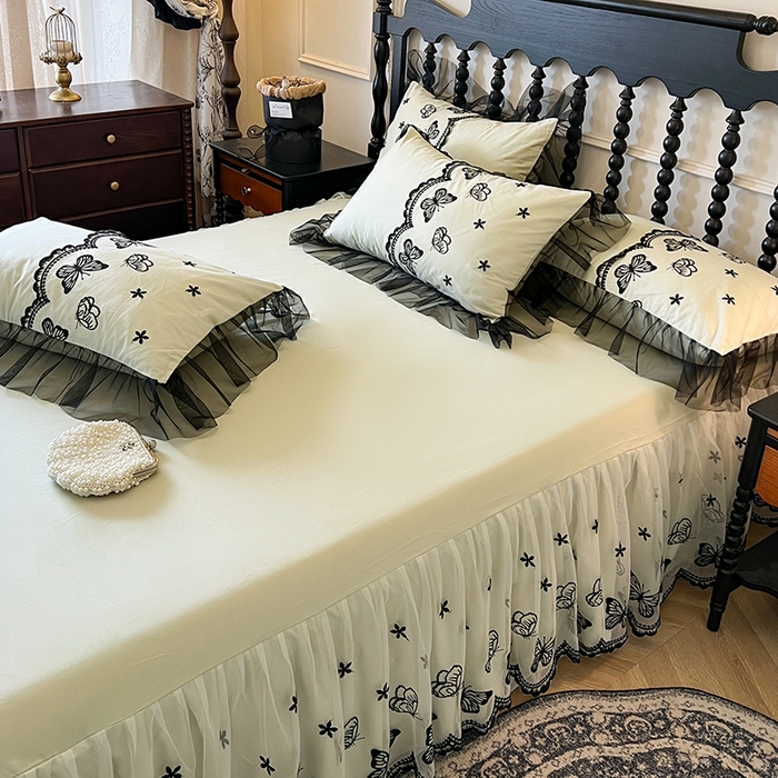 91家纺网 家纺一手货源 找家纺 网红馆（ck家纺） 2025新款全棉纯棉蕾丝边单床裙 床裙单件-梦蝶轻舞 梦蝶轻舞-绿