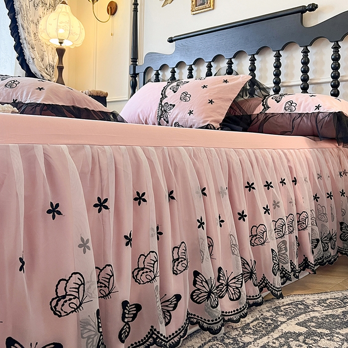 91家纺网 家纺一手货源 找家纺 网红馆（ck家纺） 2025新款全棉纯棉蕾丝边单床裙 床裙单件-梦蝶轻舞 梦蝶轻舞-豆沙