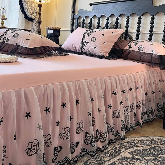 91家纺网 家纺一手货源 找家纺 网红馆（ck家纺） 2025新款全棉纯棉蕾丝边单床裙 床裙单件-梦蝶轻舞 梦蝶轻舞-豆沙