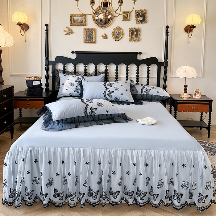 网红馆（ck家纺） 2025新款全棉纯棉蕾丝边单床裙 床裙单件-梦蝶轻舞 梦蝶轻舞-蓝