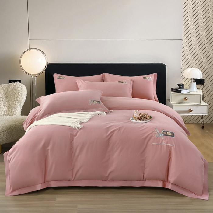 OL家纺 2025新款全棉磨毛刺绣床盖夹棉四件套-胜利之花系列 胜利之花-豆沙粉