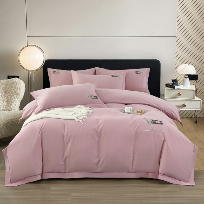 OL家纺 2025新款全棉磨毛刺绣床盖夹棉四件套-胜利之花系列 胜利之花-肉桂粉