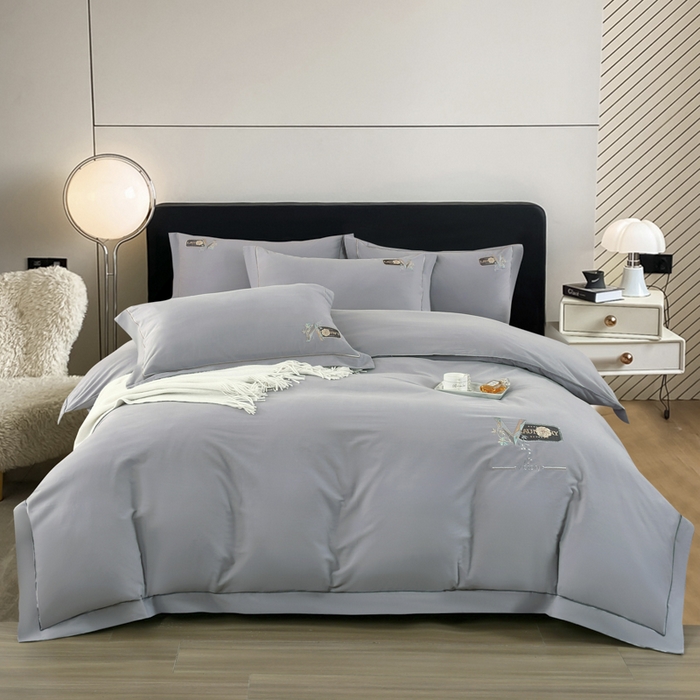 OL家纺 2025新款全棉磨毛刺绣床盖夹棉四件套-胜利之花系列 胜利之花-绅士灰