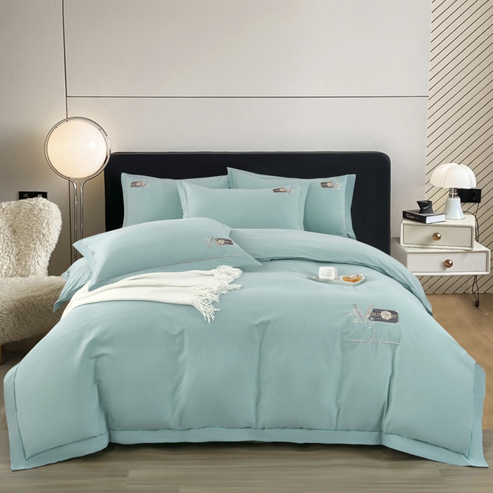 OL家纺 2025新款全棉磨毛刺绣床盖夹棉四件套-胜利之花系列 胜利之花-水波绿