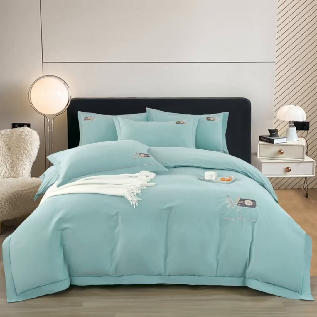 91家纺网 家纺一手货源 找家纺 OL家纺 2025新款全棉磨毛刺绣床盖夹棉四件套-胜利之花系列 胜利之花-水波绿