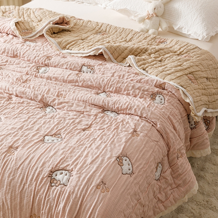 91家纺网 家纺一手货源 找家纺 麻依 2025新款卡通安心棉泡芙被十层全棉纱布被子被芯 粉色KT猫