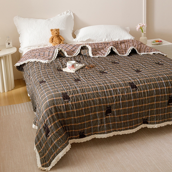 91家纺网 家纺一手货源 找家纺 麻依 2025新款卡通安心棉泡芙被十层全棉纱布被子被芯 可可猫咪-黑咔