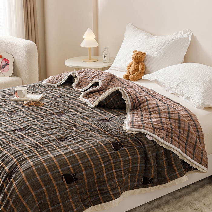 91家纺网 家纺一手货源 找家纺 麻依 2025新款卡通安心棉泡芙被十层全棉纱布被子被芯 可可猫咪-黑咔