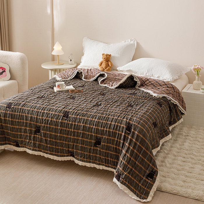 91家纺网 家纺一手货源 找家纺 麻依 2025新款卡通安心棉泡芙被十层全棉纱布被子被芯 可可猫咪-黑咔