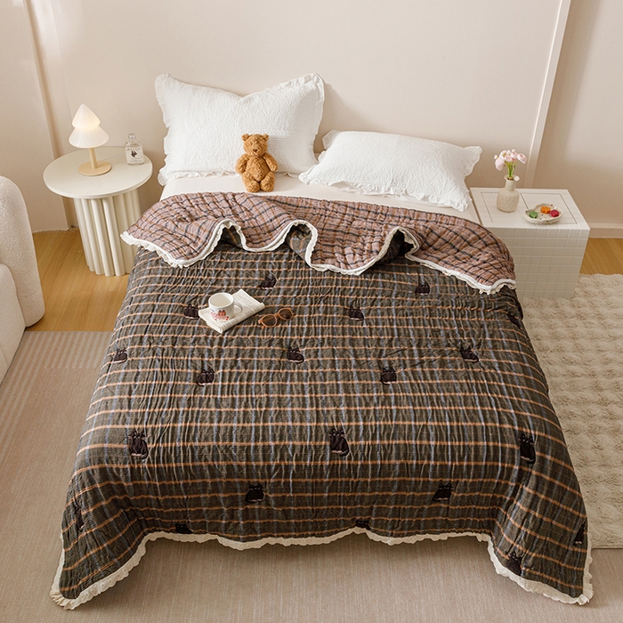 91家纺网 家纺一手货源 找家纺 麻依 2025新款卡通安心棉泡芙被十层全棉纱布被子被芯 可可猫咪-黑咔