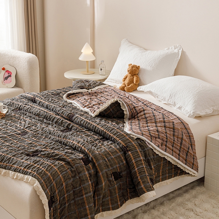 91家纺网 家纺一手货源 找家纺 麻依 2025新款卡通安心棉泡芙被十层全棉纱布被子被芯 可可猫咪-黑咔