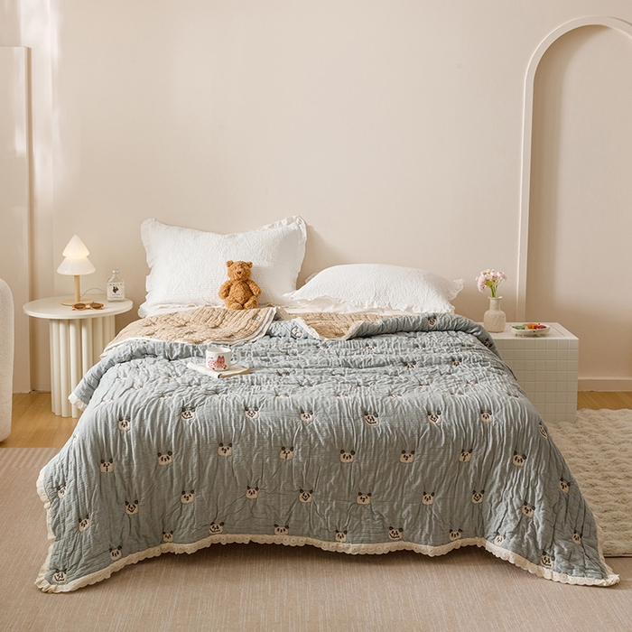 麻依 2025新款卡通安心棉泡芙被十层全棉纱布被子被芯 蓝色熊猫