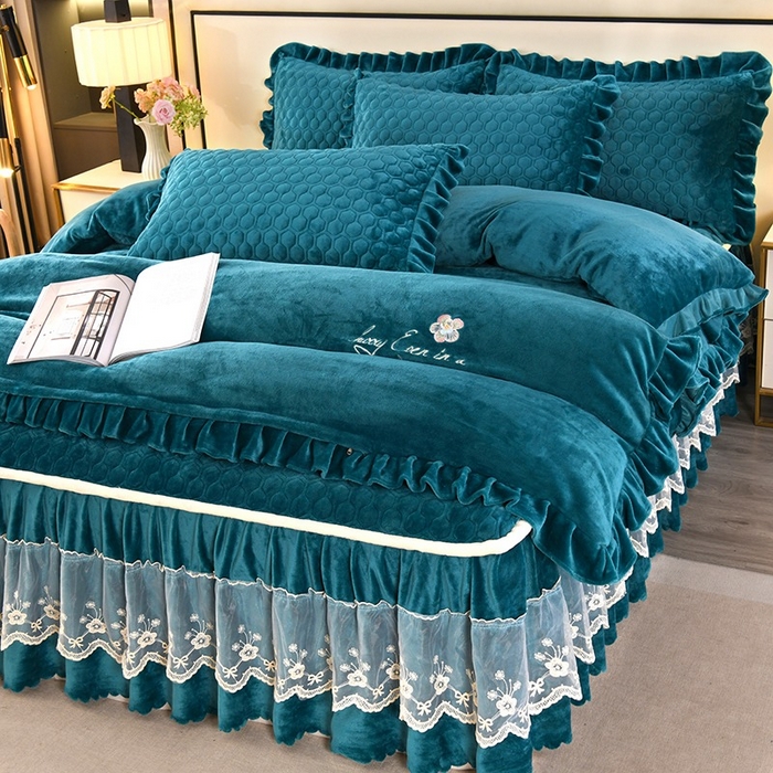 董韵家纺 2025新款牛奶绒刺绣夹棉床裙四件套系列（控价） 丝语-靛青