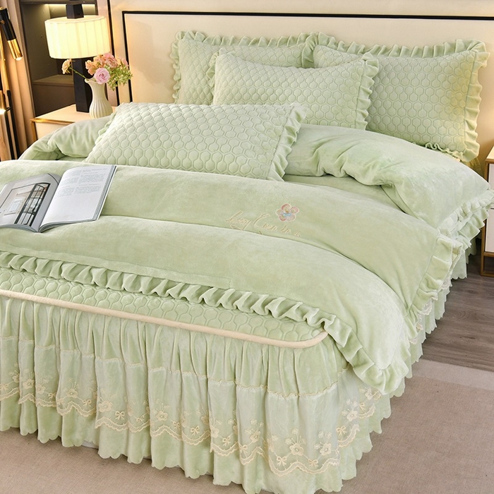 董韵家纺 2025新款牛奶绒刺绣夹棉床裙四件套系列（控价） 丝语-青霭