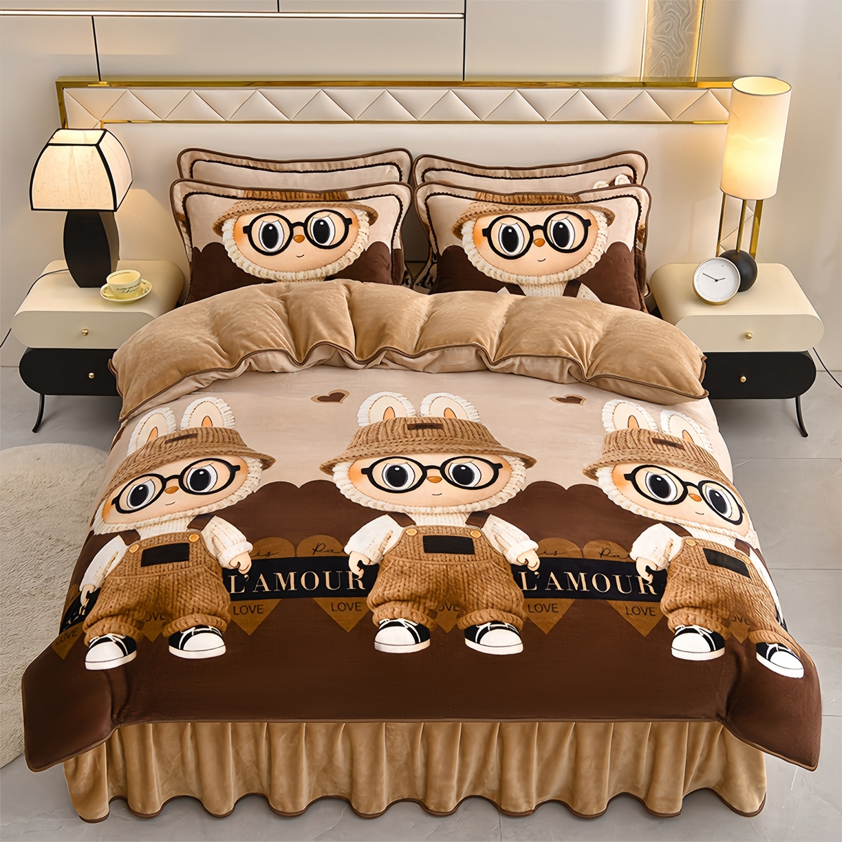 沐妍家纺 2025新款8斤加厚保暖金貂绒牛奶绒印花四件套 拉布布 