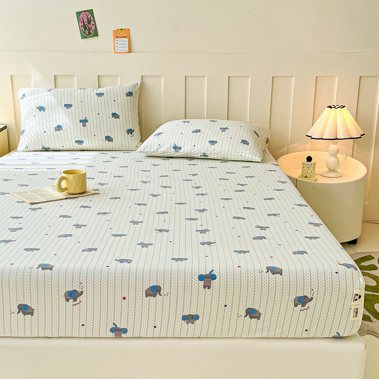 91家纺网 家纺一手货源 找家纺 首爱家纺 2025新款木棉双层纱印花床笠 点点象