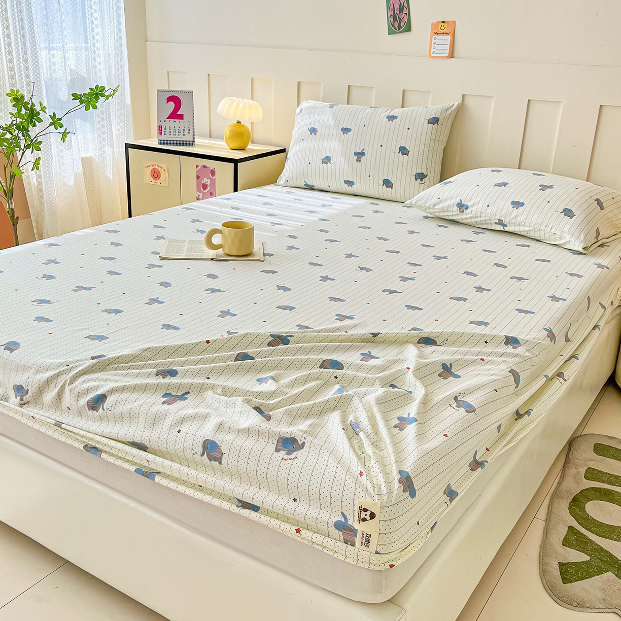 91家纺网 家纺一手货源 找家纺 首爱家纺 2025新款木棉双层纱印花床笠 点点象