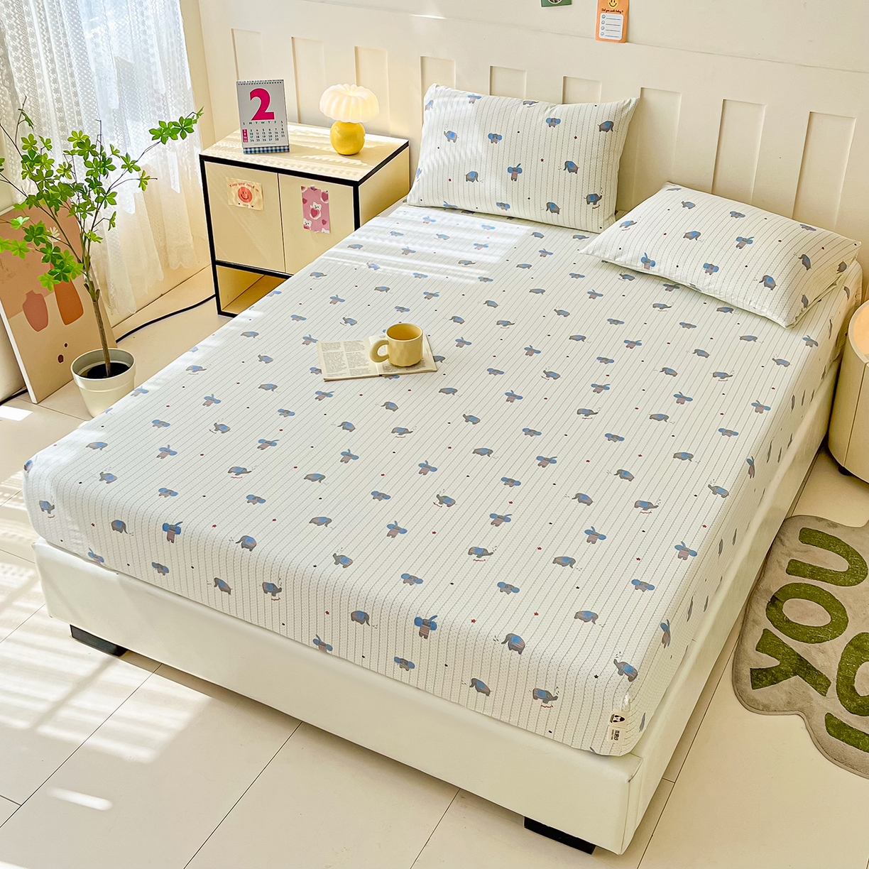 91家纺网 家纺一手货源 找家纺 首爱家纺 2025新款木棉双层纱印花床笠 点点象