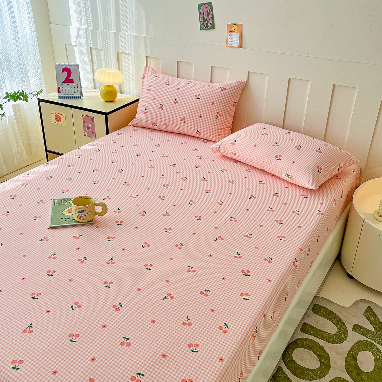 91家纺网 家纺一手货源 找家纺 首爱家纺 2025新款木棉双层纱印花床笠 小樱桃