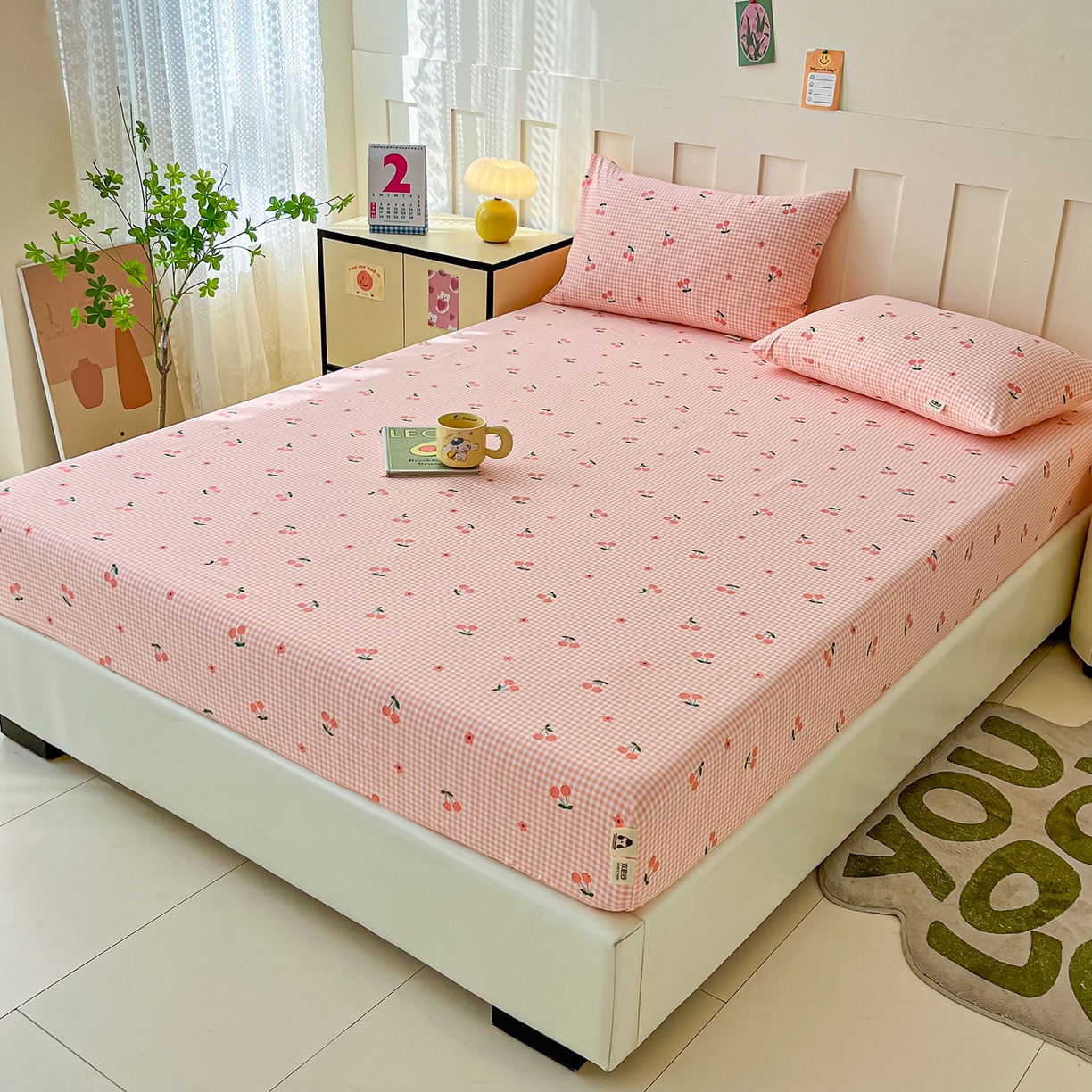 91家纺网 家纺一手货源 找家纺 首爱家纺 2025新款木棉双层纱印花床笠 小樱桃