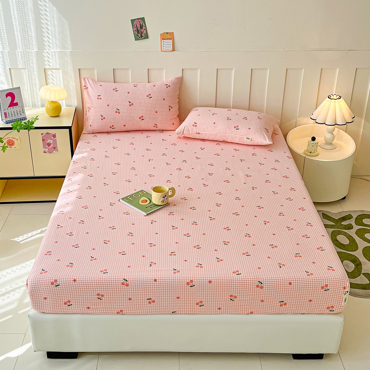 91家纺网 家纺一手货源 找家纺 棉乐町家居 2025新款木棉双层纱印花床笠 小樱桃