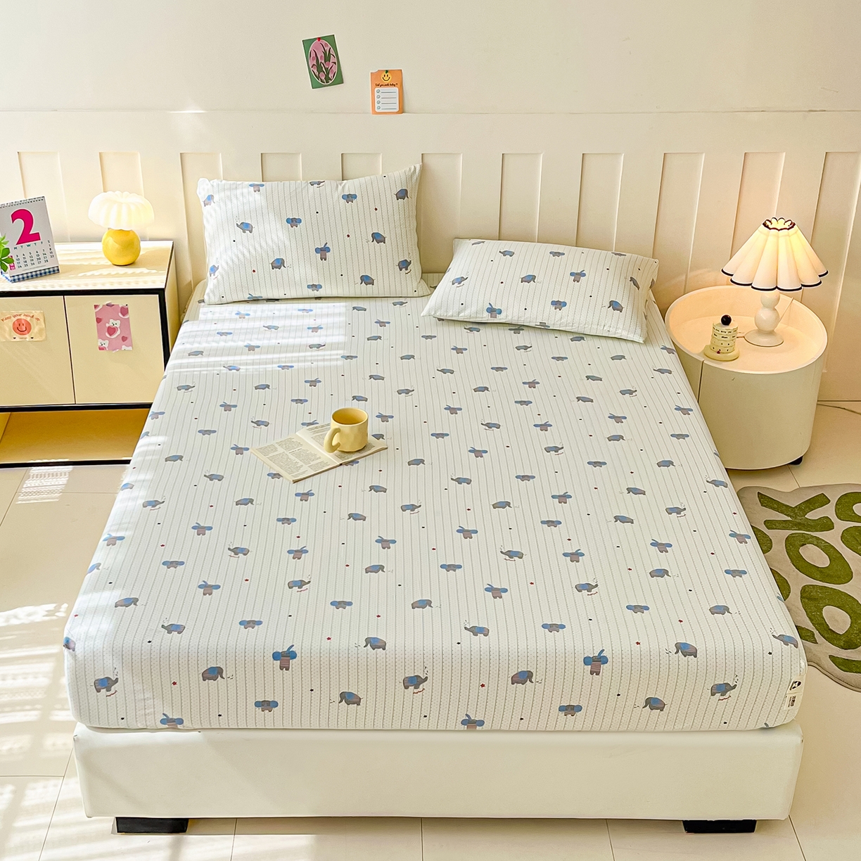 91家纺网 家纺一手货源 找家纺 金泰莱 2025新款木棉双层纱印花床笠 点点象